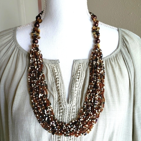 COSTA RICAN BEADED ARTISAN NECKLACE BROWN COPPER - Picture 3 of 5